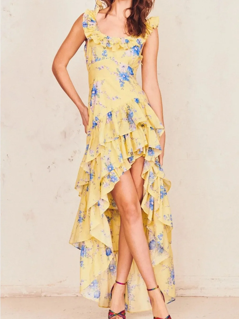LoveShackFancy Winslow Yellow Floral Ruffle High-Low Dress - Picture 1 of 6